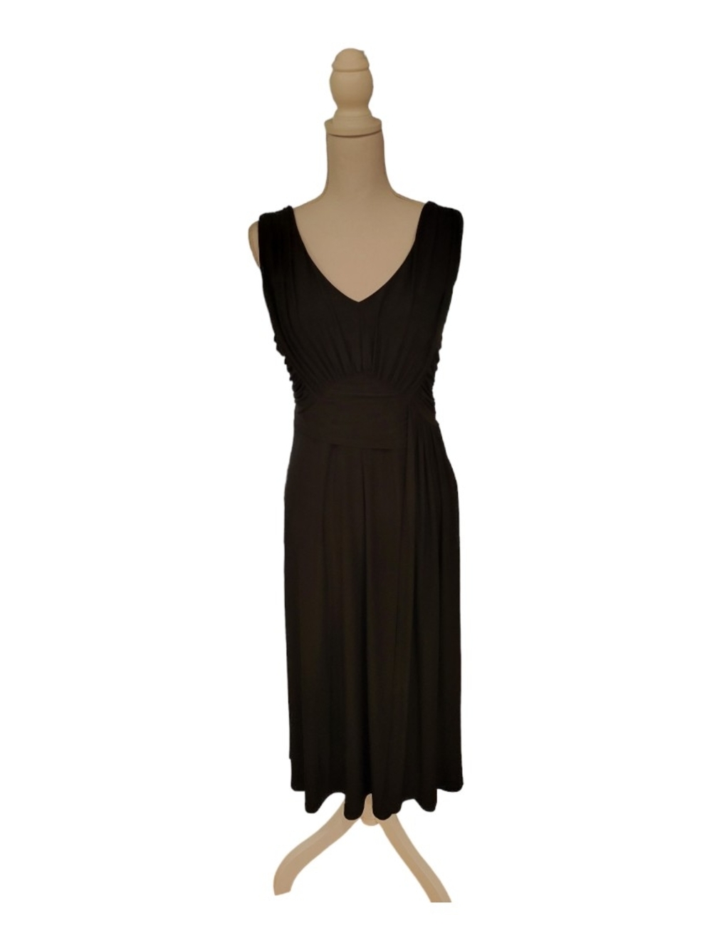 Frank Lyman Design Black V-Neck Midi Dress with Ruched Waist